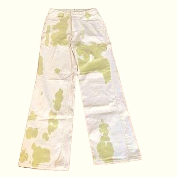Cream with green tie-dye painter, pants jeans. High waisted, wide leg size 26. - Picture 3 of 14